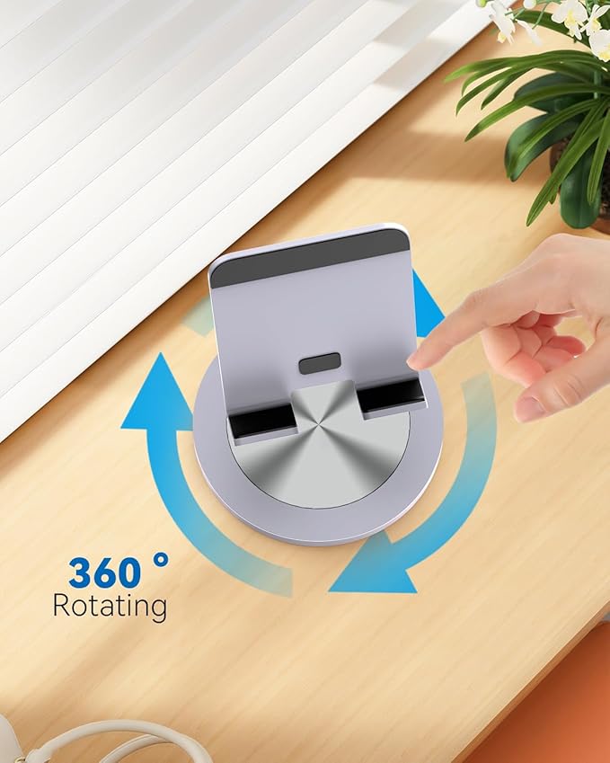 360 Rotating Phone Stand for Desk, Dual-Adjustable Foldable Aluminum Desktop Phone Holder Compatible with iPhone 16 15 14 13 12 11 Series, iPad-Mini, 4-8" All Phones (Grey)