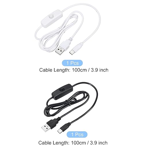 MECCANIXITY USB Cable with 501 ON/Off Switch, USB Male to USB Type C Male Power Cable 100cm for LED Desk Lamp LED Strip Black White 1 Set