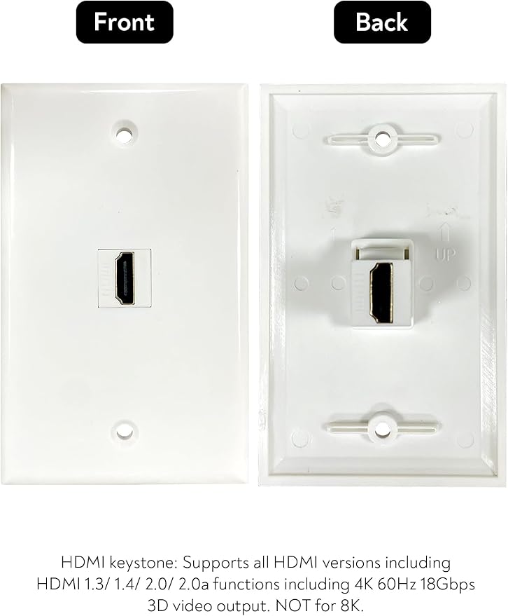 HDMI Wall Plate, 1 Port 4K HDMI Keystone Female to Female Wall Plate-White