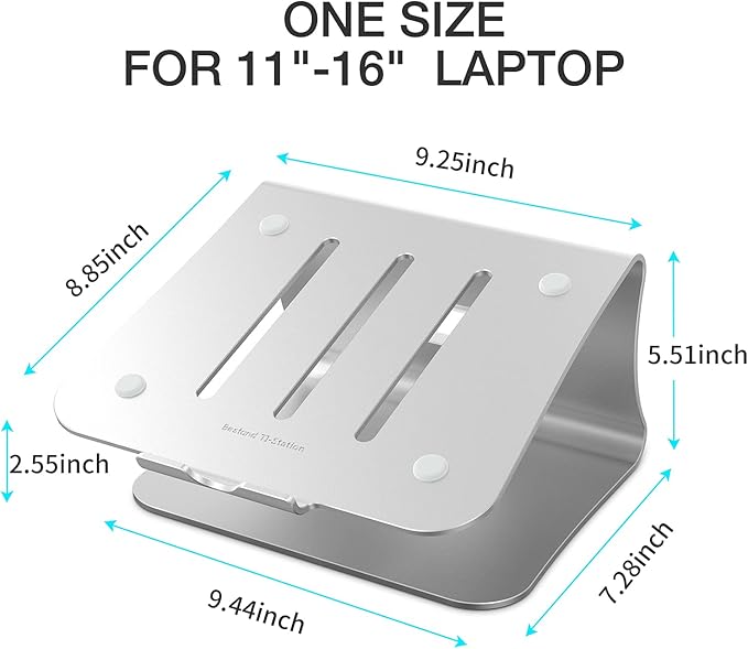 Laptop Stand, Aluminum Notebook Holder Riser Heat-Vent for MacBook Air/Pro, Dell, HP, Lenovo, Microsoft Surface, Samsung 11-16 inches Notebook (Space Silver)