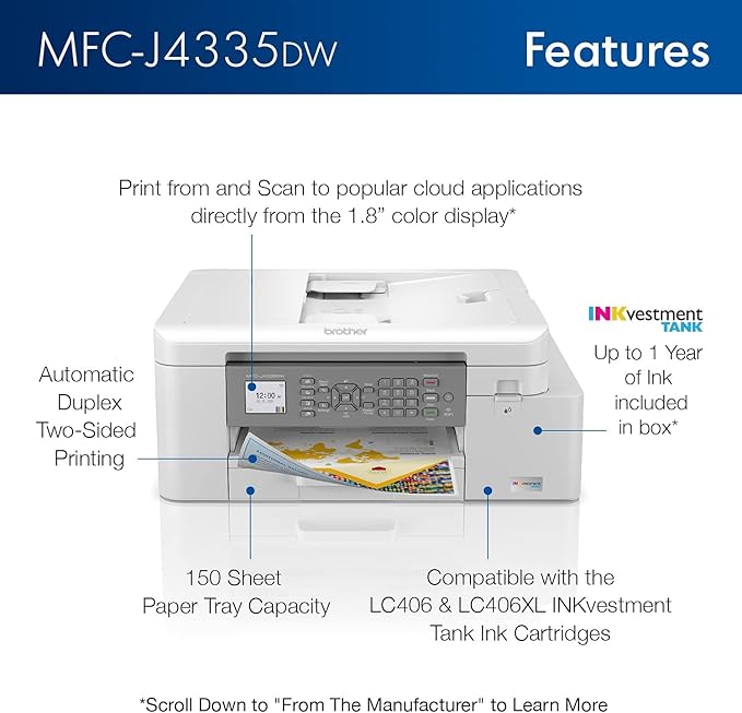 Brother MFC-J4335DW INKvestment Tank All-in-One Printer with Duplex and Wireless Printing Plus Up to 1-Year of Ink in-Box (Renewed Premium), White