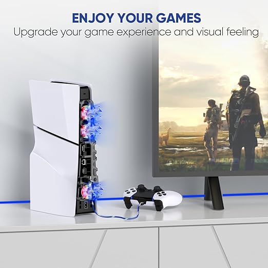 RGB PS5 Slim Light Cooling Fan, Temperature Controlled Fan Speed, Smart Memory Start-Stop Function, USB 3.0 Hub, Efficient Quiet Fan for PS 5 Slim Disc & Digital