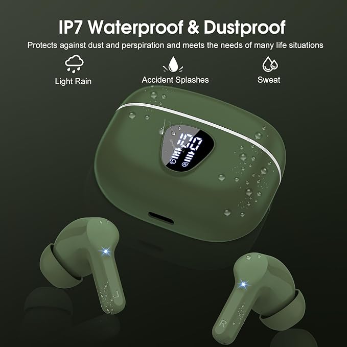 Wireless Earbuds, Bluetooth 5.4 Headphones HiFi Stereo, Bluetooth Earbuds with ENC Noise Cancelling Mic, IP7 Waterproof in Ear Earphones, 48H, LED Display Ear buds for Pad Workout Sports, Retro Green