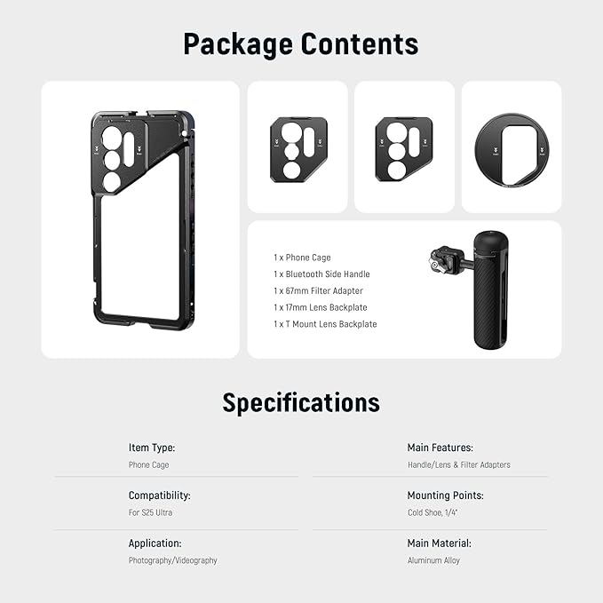 NEEWER S25 Ultra Phone Cage, PA082 Mobile Video Rig Phone Stabilizer for Video Recording with PA045E Bluetooth Side Handle, 67mm Filter Adapter, 17mm Lens Backplate & T Mount Compatible with Moment