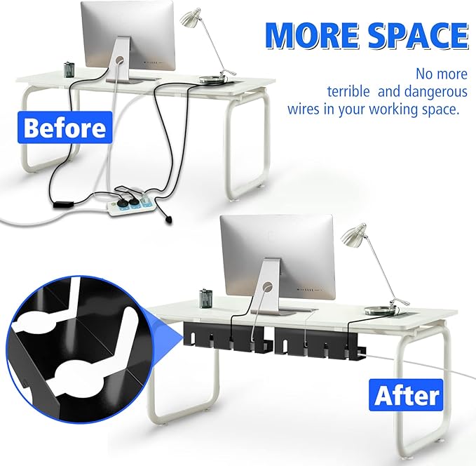 Under Desk Cable Management Tray, No Drill 2 x 15.7 in Steel Tray With Wire and Cord Organizer, 2Pack Black Cable Raceway for Cords