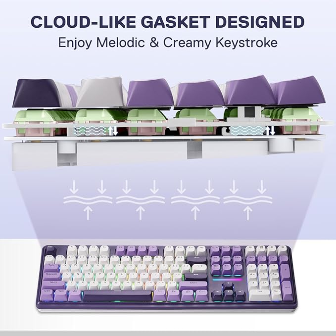Redragon K745 PRO Wireless Gasket RGB Gaming Keyboard, 108 Keys Mechanical Keyboard w/Extra 4 Hotkeys, Hot-Swap South-Facing LED Socket, 5-Layer Noise Dampening, Round PBT Keycaps, Mint Mambo Switch