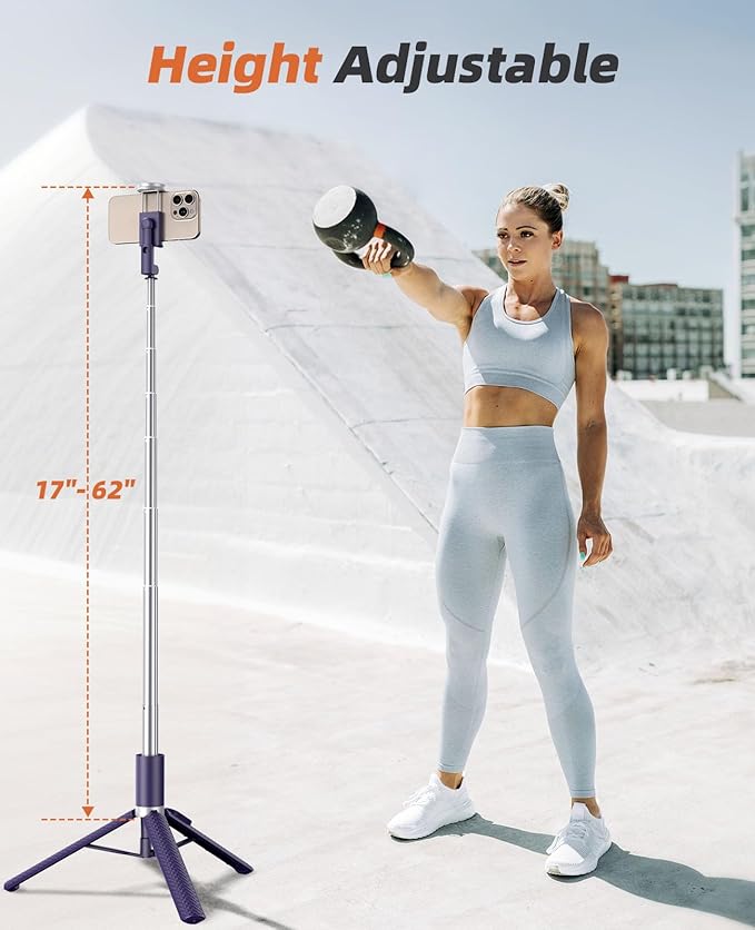 62" Phone Tripod & Selfie Stick, Tripod for iPhone with Remote, All-in-1 Cell Phone Stand, Portable, Extendable Stand for Selfies Video Recording Vlog, Compatible with iPhone Android (Purple)