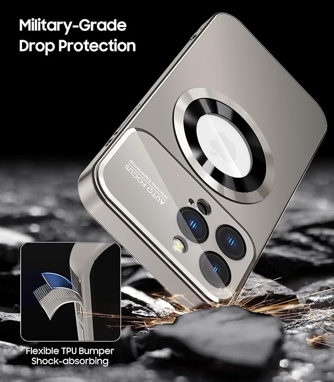 Magnetic for iPhone 13 Pro Case, Built-in Camera Lens Protector, Compatible with MagSafe, Logo View, Military Grade Protective Phone Cover, Titanium Gray