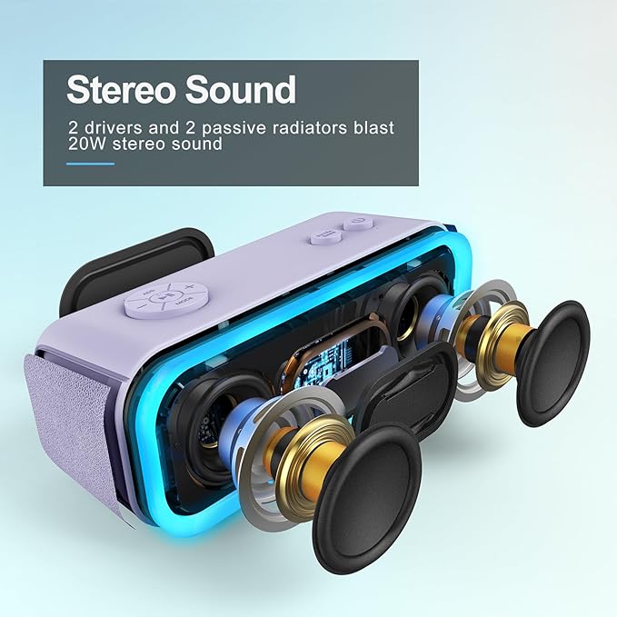 DOSS SoundBox Pro Bluetooth Speaker with 20W Stereo Sound, Active Extra Bass, IPX6 Waterproof, TWS Pairing, Multi-Colors Lights, 20H Playtime, Portable for Beach, Outdoor-Purple