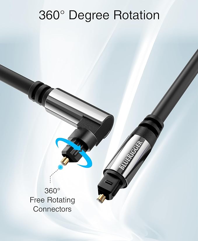 BlueRigger Optical Audio Toslink Cable - 3FT (90 Degrees Optical Cable for Soundbar, 360 Degree Rotatable Right Angle, S/PDIF Digital Toslink) - Fiber Optic Compatible with HDTV, Game Console, DVR