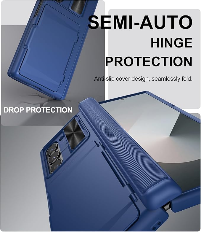 for Samsung Galaxy Z Fold 6 Case with Card Holder & Belt Clip & Slide Camera Cover, Built-in Hinge Protection & Screen Protector, Rugged Wallet Phone Cover Case for Z Fold 6 5G 2024, Blue