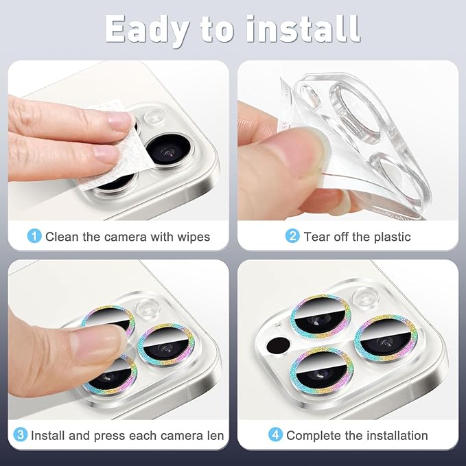 LucBuy 3PCS Sparkling Camera Lens Protector for iPhone 12 Pro, Full Clear Acrylic Cover with Shiny Colorful Glitter Designed Decoration Back Camera Protector