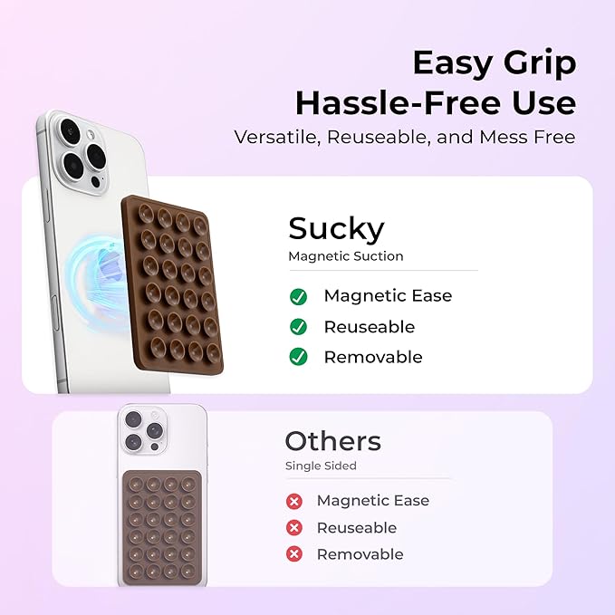 Sucky Upgraded Magnetic Suction Cell Phone Grip for MagSafe Case, Silicone Octo Cup Buddy Holder, Durable Magnet Phone Accessory for iPhone and Android (Light Purple)