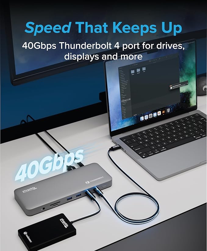 Plugable Thunderbolt 4 Dock for M4 MacBook Air & Pro: 100W Charging Driverless Laptop Docking Station with 4K HDMI Dual Monitor or Single 6K, 6X USB, SD, Ethernet, Thunderbolt Certified (TBT-UDM)