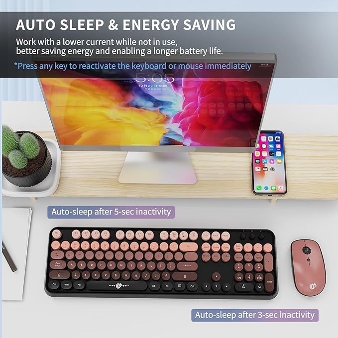 Wireless Keyboard and Mouse Combo, 104 Round Keys Cute Colorful Keyboard and Mouse with Retro Typewriter for PC/Mac/Laptop/Tablet/Computer/Windows Black