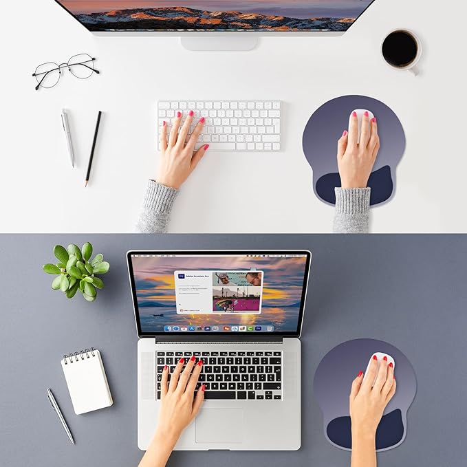 ITNRSIIET Ergonomic Mouse Pad with Wider Memory Foam Wrist Rest +17% - Curved Cushion Reduces Pressure 20%, Pain Relief, Non-Slip, Smooth, Cute Colors, 9.85 x 9 in, Gray Blue Gradient