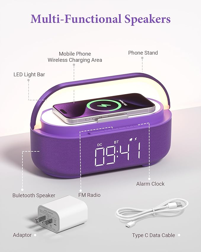 COLSUR 6-in-1 Bluetooth Speaker Alarm Clock with 15W Wireless Charger, FM Radio, Adjustable LED Night Light, 2500mAh Battery, Snooze Function – for Bedroom, Home, Office