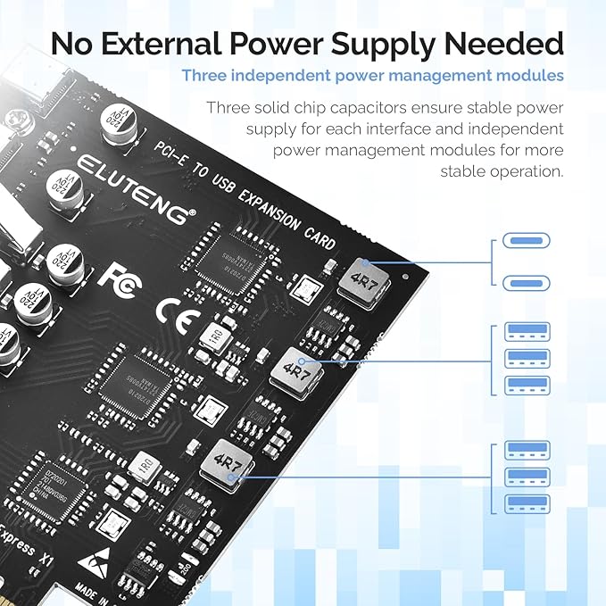 ELUTENG PCIE USB 3.2 Card 8 Ports PCI Expree to USB C Expansion Card Superspeed 6 USB and 2 Type C PCI-e USB3 Hub Controller Adapter 3 Independent Power Module