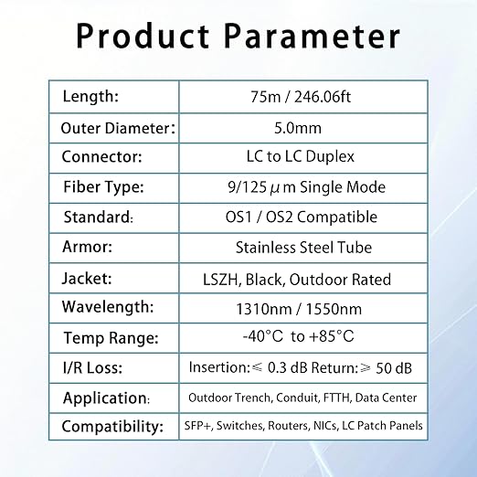 75M/246FT LC to LC Armored Outdoor Fiber Optic Cable, Single Mode Duplex 9/125μm SMF Fiber Patch Cord, OS1/OS2 Compatible, Black LSZH Jacket, Uniboot Jumper for FTTH, Data Center, Long-Distance Use