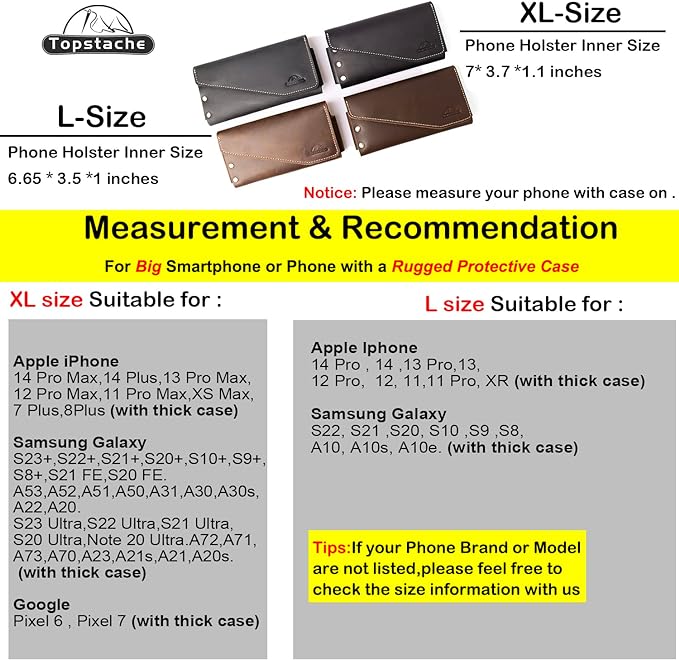 Topstache Leather Phone Holster with Belt Loop, Magnetic Closure Cell Pouch, Handmade Leather Holder for iPhone 14 Pro Max (Fits with Otterbox Case), XL, Black