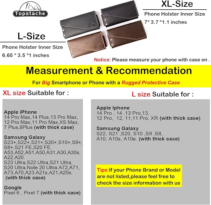 Topstache Leather Phone Holster with Belt Clip for Galaxy S23,S22,iPhone 14,14 Pro,Belt Phone Case for Universal Smartphone with Otterbox Case,Flip Cellphone Pouch,L,Black
