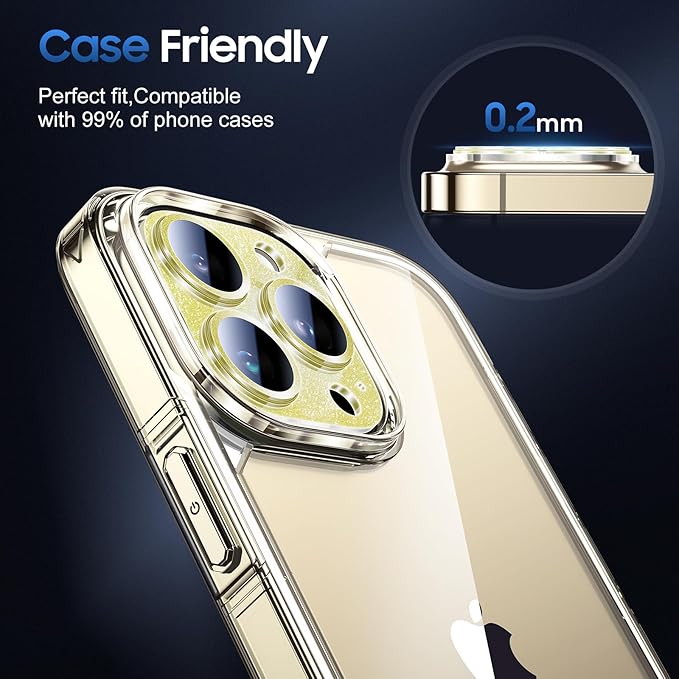 UniqueMe 3 Packs Compatible for iPhone 13 Pro Max/iPhone 13 Pro Camera Lens Protector Acrylic [Not Glass],[Case Friendly][Scratch-Resistant][Night Shooting Mode]-Glitter Golden