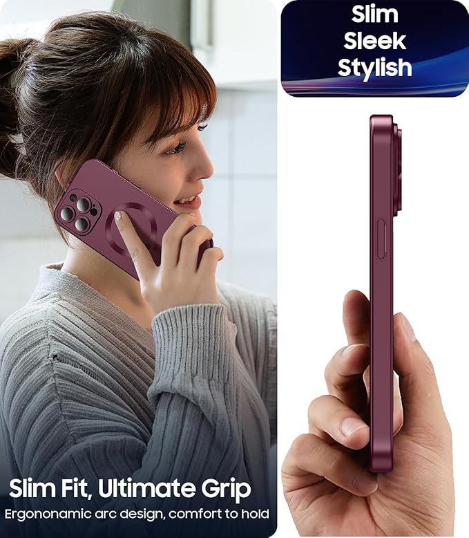 Magnetic for iPhone 15 Pro Case [Compatible with MagSafe][Built-in Camera Lens Protector] Slim Soft Silicone Bumper Shockproof Metallic Shine Phone Case (Burgundy)