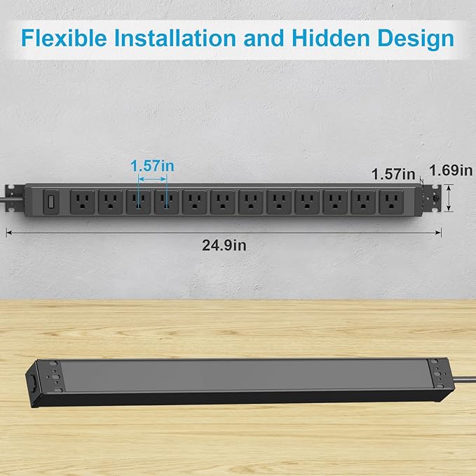 HHSOET 360° Rotating 12 Outlet Mountable Power Strip, Metal Gaming Table Mounted Outlet Strip, Heavy Duty Wall Mount Surge Protector with Switch, Works Great and Very Versatile, 3ft Power Cord.Black