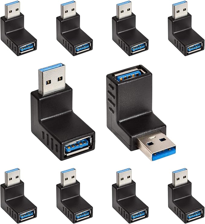Cmple - [10 Pack 90 Degree USB 3.0 Male to Female Adapter Up Right Angle USB A Plug to Jack Connector Converter Extender for PC Laptop Hard Drive Keyboard Mouse Charger