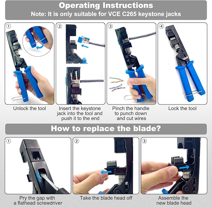 VCELINK Speed Termination Tool for VCE 90-Degree Keystone Jacks Punch Down Network Tool Kit with 20-Pack CAT6 Keystone Jacks UL-Listed Black, 25-Pack RJ45 Connectors, and 1-Pack Mini Wire Stripper