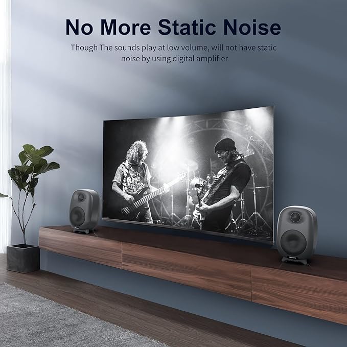 BESTISAN Bookshelf Speakers, 60 Watt Powered Studio Monitor Speaker with Bluetooth 5.0 and Wired Optical Line in Input Port, Bass and Treble Adjustable, Deep Bass, 3 Audio Mode Design (Gray)