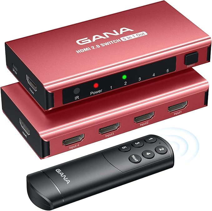 HDMI Switch 5 in 1 Out 4K@60Hz, GANA HDMI Splitter Switcher with Remote, Aluminum HDMI 2.0 Switch Box Hub for 3D, HDCP2.2, HDR, Compatible with Xbox, PS5/4/3,Fire Stick,Roku,Blu-Ray Player, Red