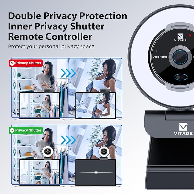 Zoomable Webcam with Remote Control, 1080P 60FPS Streaming Webcam with Adjustable Ring Light and Tripod, Pro USB 5X Digital Zoom Webcam for Zoom/Skype Teams/Laptop/Mac Windows