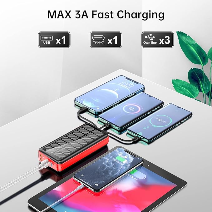Portable Charger with Built in Cable and Wall Plug 50000mAh 22.5W Fast Charging Solar Power Bank with 5 Output & 2 Input Dual LED Flashlights Phone Holder External Battery Pack (Red)