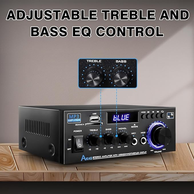 AK45 Stereo Receivers Amplifier Home Audio with Bluetooth, 300W, 2.0 Channel Power Amplifier for Home Stereo Syetem with RCA,SD,FM,USB, MIC in,Bluetooth Receiver for Karaoke,Studio