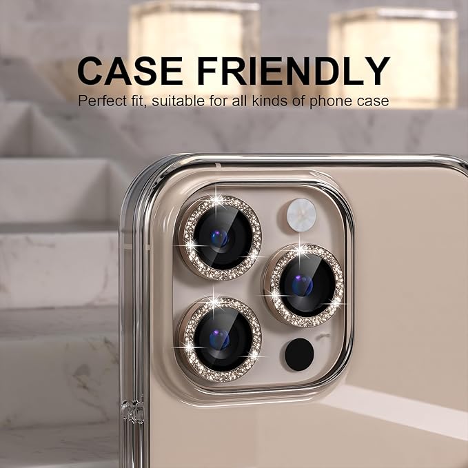 Choiche Compatible for iPhone 16 Pro/iPhone 16 Pro Max Camera Lens Protector Bling, 9H Tempered Glass Camera Cover Screen Protector Metal Ring Decoration Accessories(Glitter-Titanium Desert)
