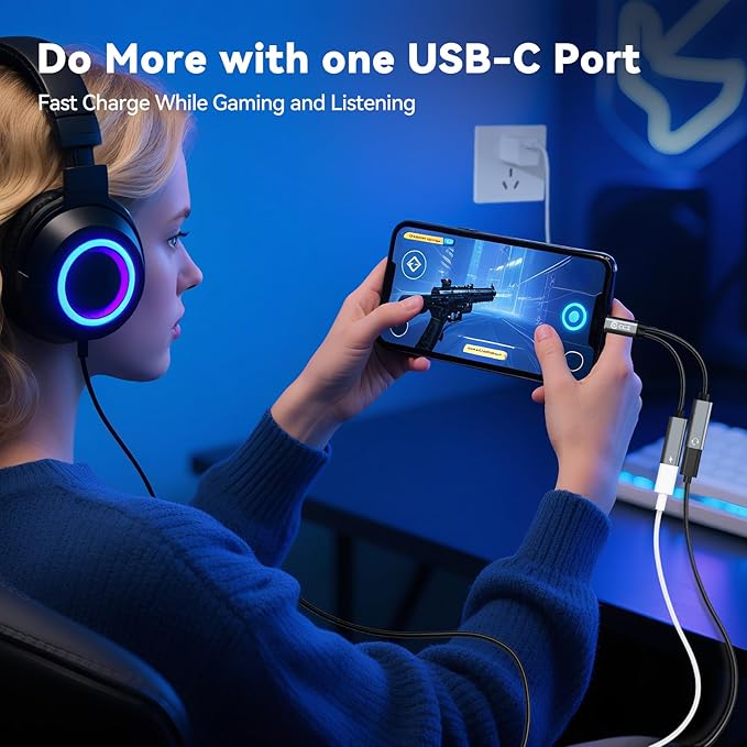 USB C Splitter,1 in 2 Out Dual USB C Type Headphone and Charger Audio Adapter,Hi-Fi Sound Quality Type C Headphone Adapter and Charging Dongle Cable Compatible with Phone 16/15 Pro Max(USB-USB,2Pack)