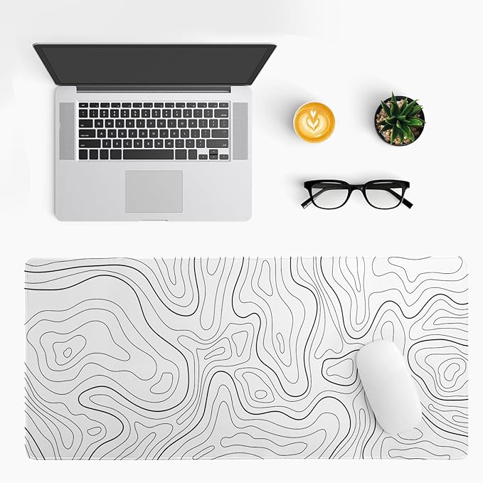 Topographic Contour White Gaming Mouse Pad XL Geographic Map Lines Extended Big Large Desk Mat Non-Slip Rubber Base Stitched Edge Long Keyboard Mousepad for PC Computer Laptop,31.5x11.8 Inch