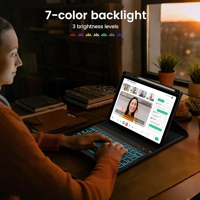 OYEEICE Keyboard Case for iPad Pro 12.9 inch (6th, 5th, 4th Gen) & New Air 13 inch M2, 7 Color Backlit Detachable Wireless Keyboard, Auto Sleep/Wake Cover with Pencil Holder (2022 2021 2020) - Black