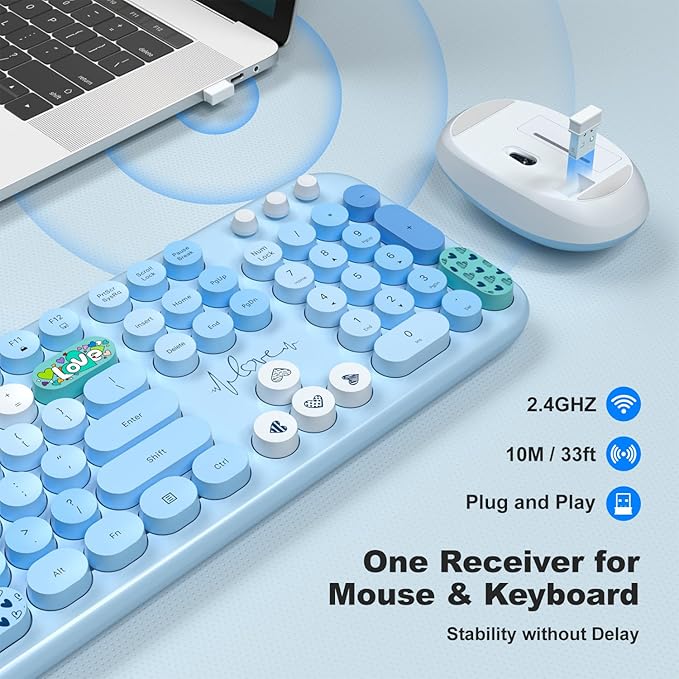 KNOWSQT Wireless Keyboard and Mouse Combo - Lovely Blue Rainbow Full-Sized Typewriter Colorful Keyboards, Round Keycap USB Plug Play Retro Cute Keyboards for Windows, Laptop, PC, Desktop, Computer