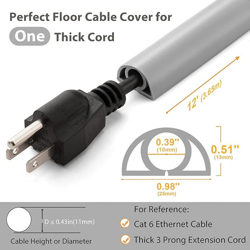 12ft Cord Cover Floor for Extension Cords, Self-Adhesive Floor Cable Cover to Protect Cables & Prevent Tripping, PVC Cord Hider Protector, Internal Wire Management Channel Diameter: 0.39", Grey