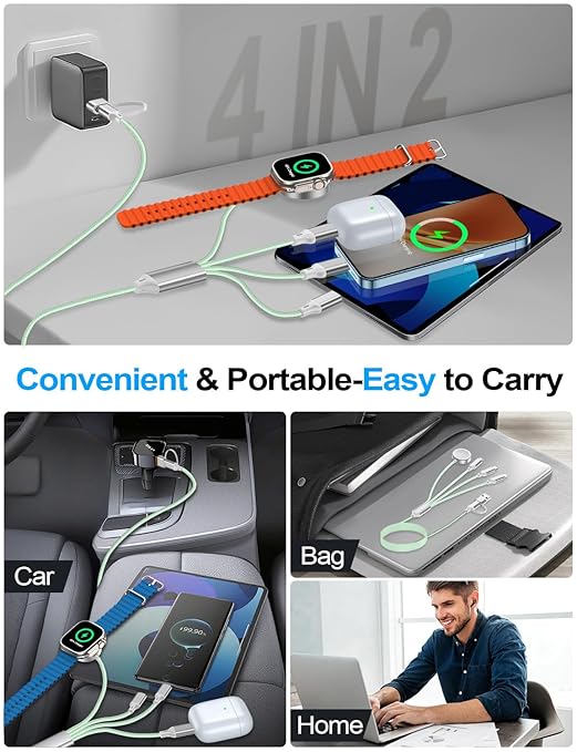 2 Pack Charging Cable for Apple Watch Charger/Samsung/iPhone Charger,Car/Office/Camping/Travel Essentials,Type C Cable Cord for iWatch Ultra/10-2/iPhone 16-11/Samsung S25-S20,iPad,airPods-Green