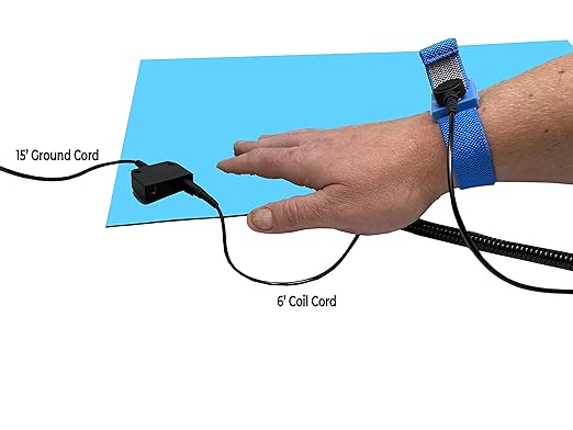 RubberStat Dual Layer ESD Compliant Workstation Rubber Table Mat Kit, Soldering, Cell Phone Repair, with Wrist Strap Set and Ground Cord - 36"x72" Blue