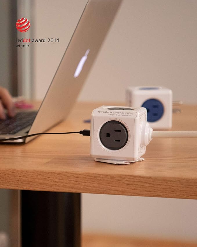 Allocacoc, PowerCube |ExtendedUSB|, 4 outlets, 2 USB Ports, 5 feet cable, Mounting dock, Surge Protection, Childproof Sockets, ETL Certified (Blue)