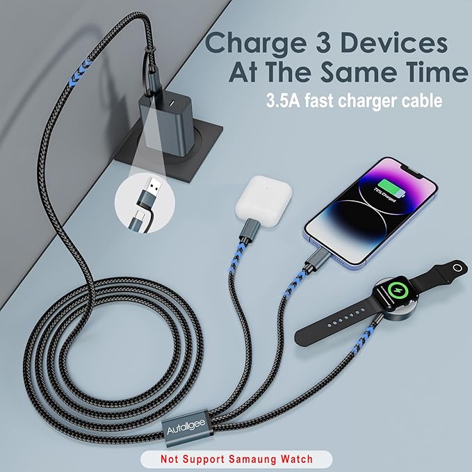 5FT Travel Essentials for Apple Watch Charger 3 in 2 Multi Fast Charging Cable USB C/A PD20W Charger Block Compatible with iWatch Ultra/SE/10/9/8/7/6/5/4/3/2/1,iPhone16/15/14/13/Galaxy S24