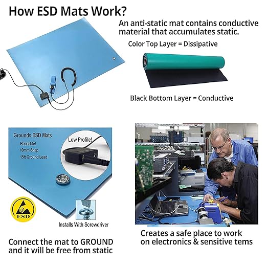 RubberStat Dual Layer ESD Compliant Workstation Rubber Table Mat Kit, Soldering, Cell Phone Repair, with Wrist Strap Set and Ground Cord - 48"x72" Grey