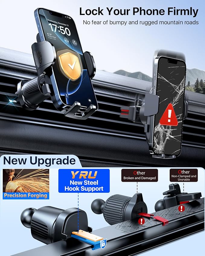 YRU [2025 Ultimate Car Phone Holder Mount [Bendable & Adjustable Aluminum Arm] Cell Phone Holder for Car Dashboard Windshield Phone Stand for iPhone16 15 14 13 Pro Max Samsung Pickup Truck,Dark Silver