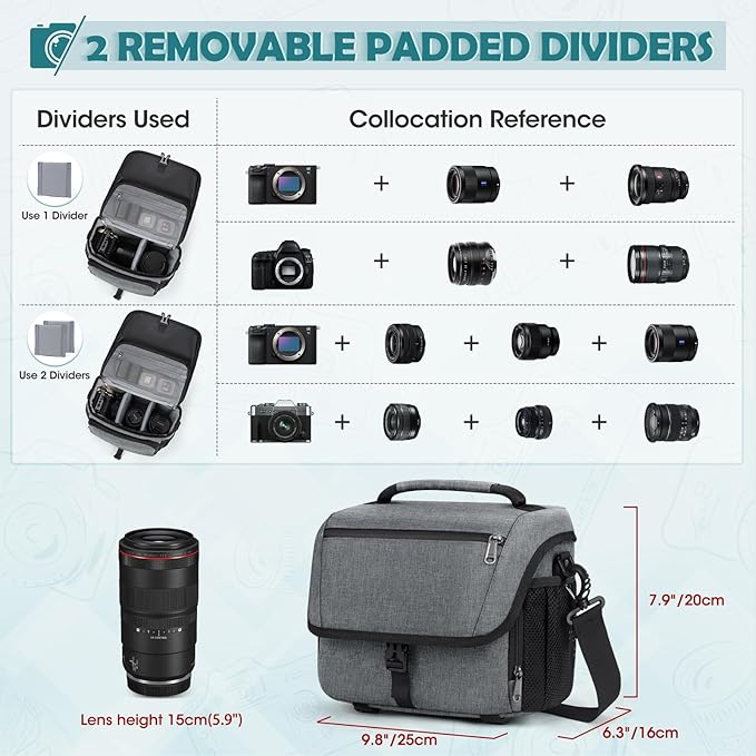 RAINSMORE Camera Bag, DSLR/SLR/Mirrorless Camera Case with Tripod Holder Waterproof Camera Sling Bag Crossbody Camera Bags for Photographers with Rain Cover for Canon/Nikon/Sony/Fuji, Grey