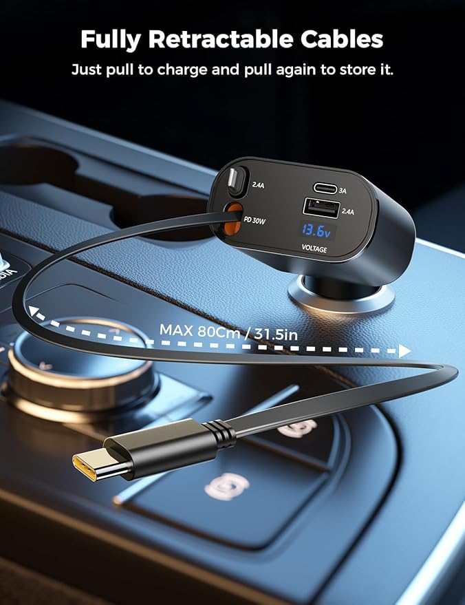 【Upgraded】 SUPERONE Retractable Car Charger 4 in 1, Fast Car Phone Charger with Cord 2.6ft, USB C and Apple Car Charger Adapter, Compatible with iPhone 16 15/15 Pro Max/14/13/12/11, Galaxy, Pixel