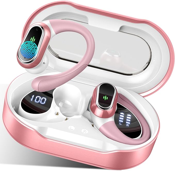 Wireless Earbuds, 2025 Bluetooth 5.4 Headphones Sport, Bluetooth Earbuds with ENC Noise Canceling Mic, 50H Stereo Wireless Headphones IP7 Waterproof with Earhooks, Dual LED Display for Workout/Running